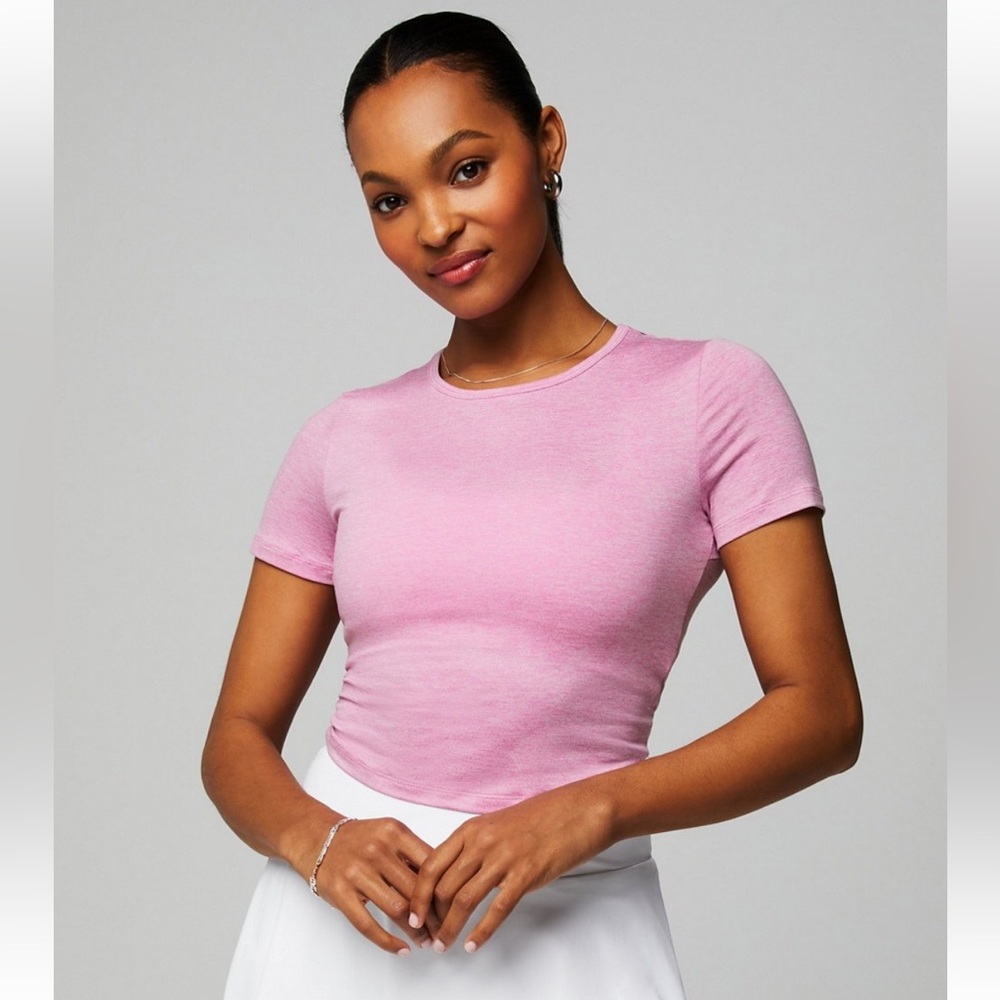 NWT Fabletics Dry-Flex Open Back Twist Short Sleeve Tee in Pink Sunset Heather - Picture 2 of 11